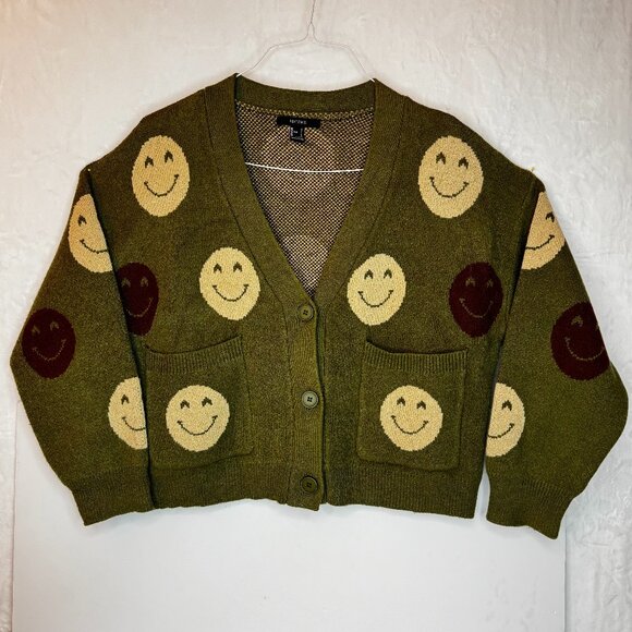 Forever 21 Women's Loose Fit Cardigan Size S Smiley Face Green Tan Jacquard Knit - Picture 1 of 8